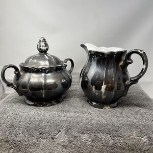 Vtg Parbus Bavaria Silver Overlay Porcelain Lidded Sugar Bowl & Creamer Set